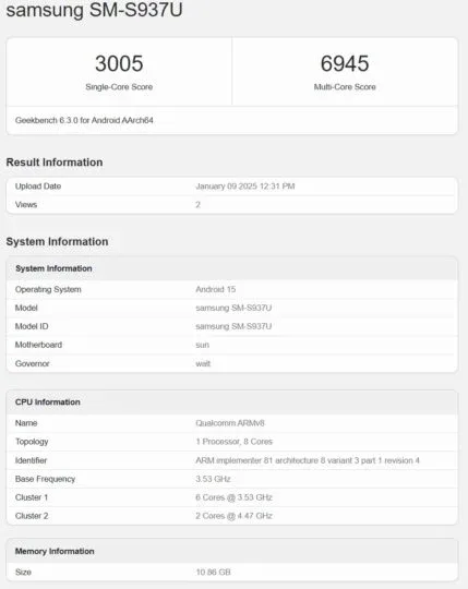 سامسونگ گلکسی S25 اسلیم Geekbench (SM-S937U)