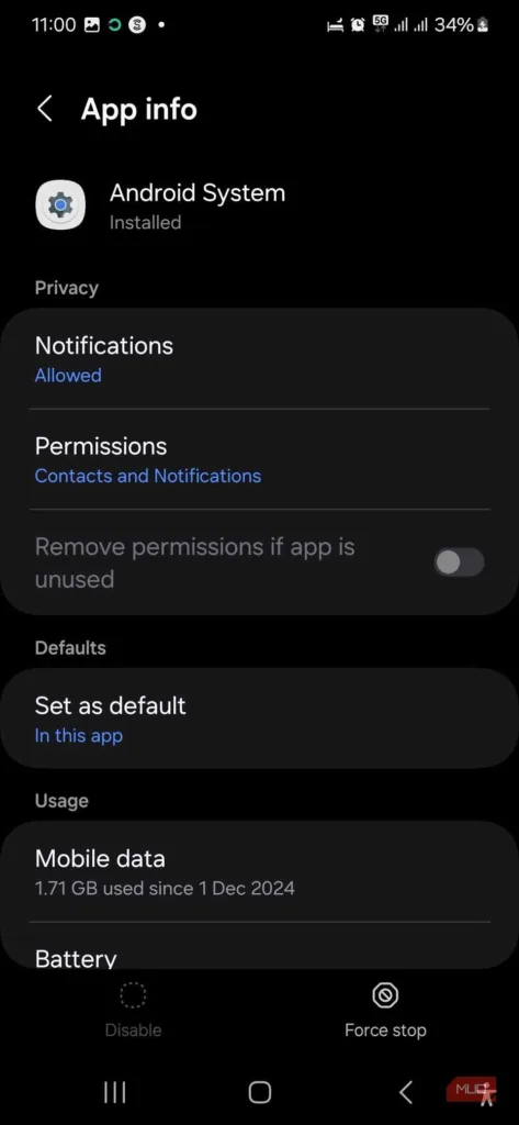 Android System را جستجو کنید یا در لیست به پایین اسکرول کنید تا آن را پیدا کنید.
روی Force Stop در گوشه پایین سمت راست صفحه ضربه بزنید