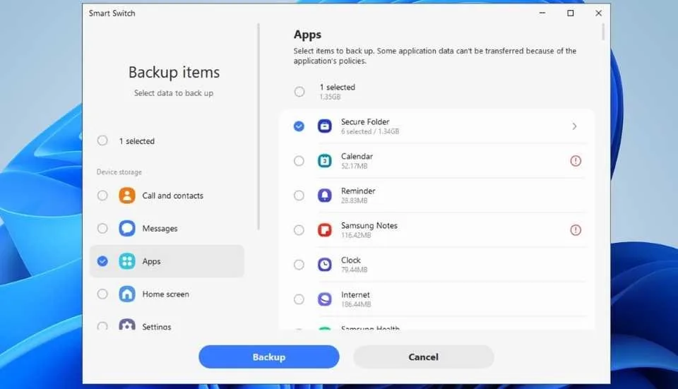 اپلیکیشن Secure Folder را در پنجره سمت راست انتخاب کرده و روی دکمه "Backup" کلیک کنید.