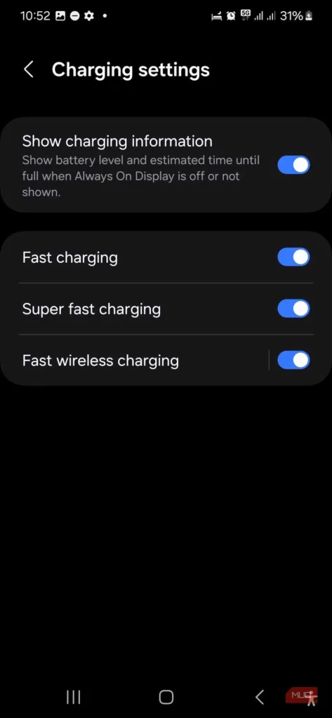 سپس به پایین اسکرول کرده و گزینه Charging Settings را انتخاب کنید