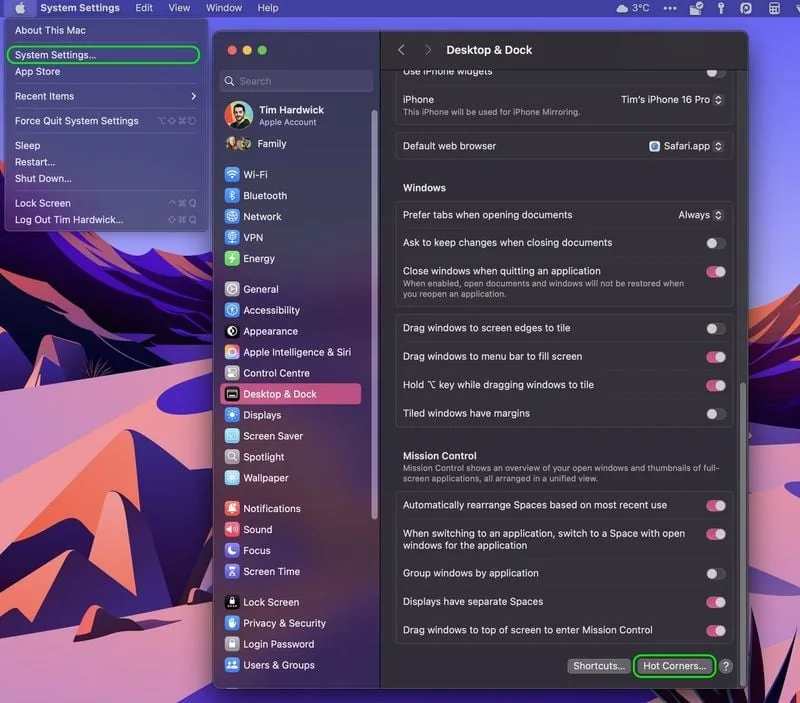 تنظیمات سیستم ( ➝ System Settings…) را باز کنید. در ستون کناری، روی گزینه Desktop & Dock کلیک کنید.روی دکمه Hot Corners… در پایین منو کلیک کنید