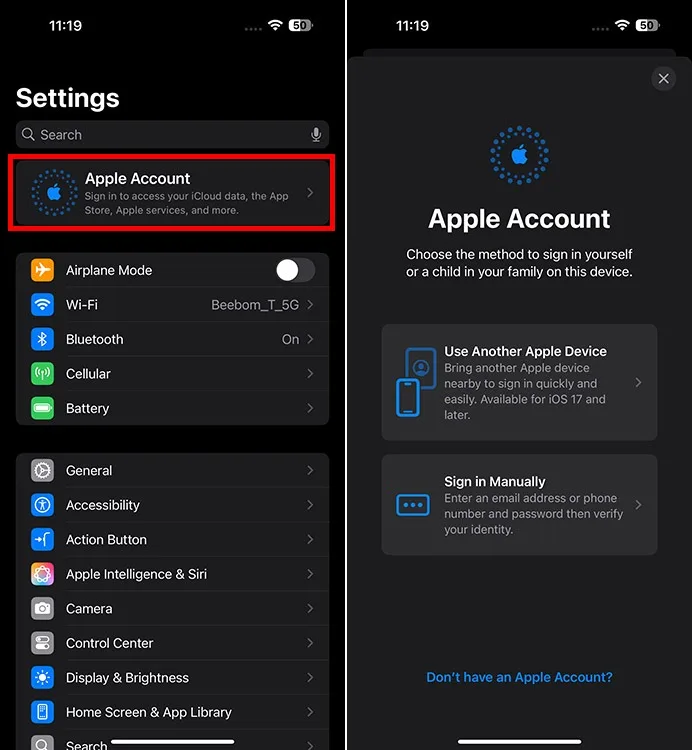 سپس دستورالعمل‌های روی صفحه را دنبال کنید تا با Apple ID موردنظر خود وارد شوید.