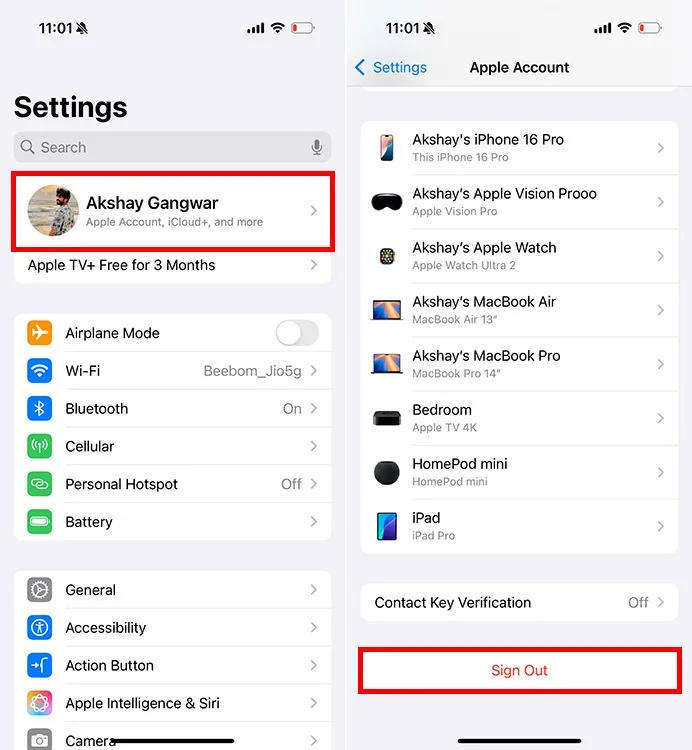 به **Settings** (تنظیمات) بروید، روی **Your Name** (نام شما) ضربه بزنید و سپس **Sign Out** (خروج) را انتخاب کنید.