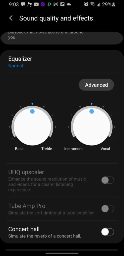 Settings > Sounds and Vibration > Sound Quality and Effects
