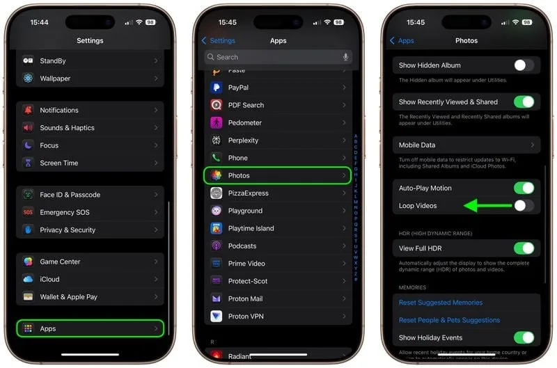 وارد اپلیکیشن Settings آیفون یا آیپد خود شوید. وارد مسیر Apps ➝ Photos شوید. گزینه Loop Videos را پیدا کنید.
سوییچ این گزینه را روی حالت OFF قرار دهید.