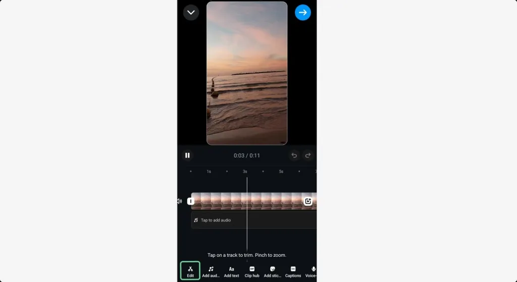 روی آیکن "Edit" (یا آیکن قیچی) ضربه بزنید تا ابزارهای برش را مشاهده کنید.