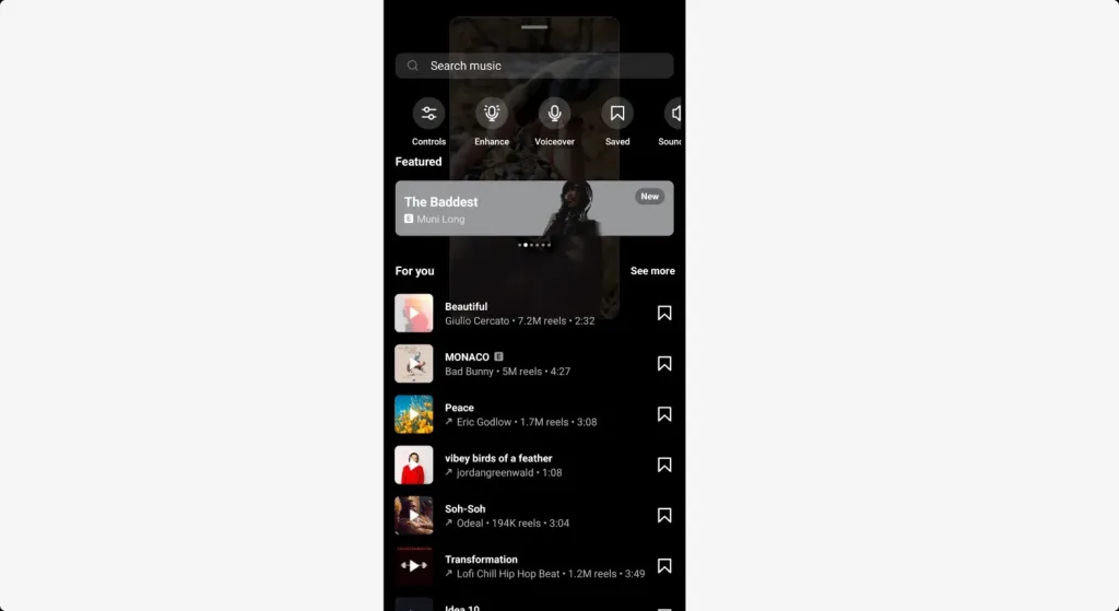 در ویرایشگر، روی "Add audio" کلیک کنید. (اگر در صفحه پیش‌نمایش هستید، روی آیکن "music note" در پایین سمت چپ کلیک کنید.)