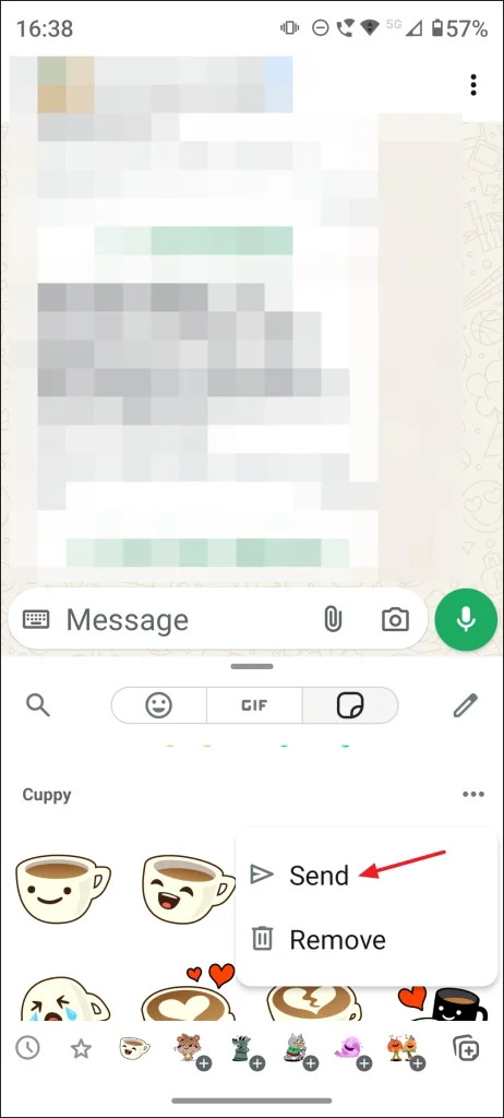 گزینه "Send" (ارسال) را انتخاب کنید تا پک استیکر را با مخاطبین چت خود به اشتراک بگذارید