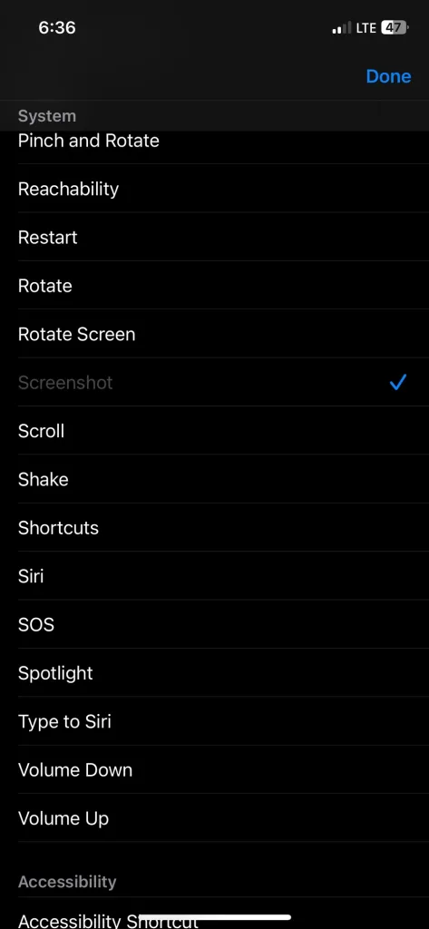 ک عمل از لیست اعمال انتخاب کنید، مانند Pinch (نیشگون گرفتن)، Screenshot (گرفتن اسکرین‌شات) یا Restart (راه‌اندازی مجدد