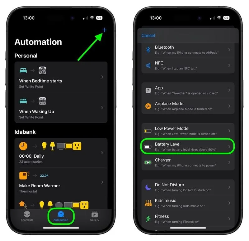 Shortcuts >Automation > Battery Level